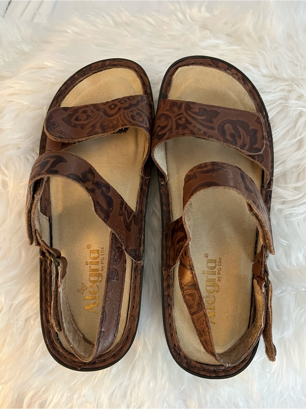 Alegria Kids Brown Floral Embossed Leather Sandals